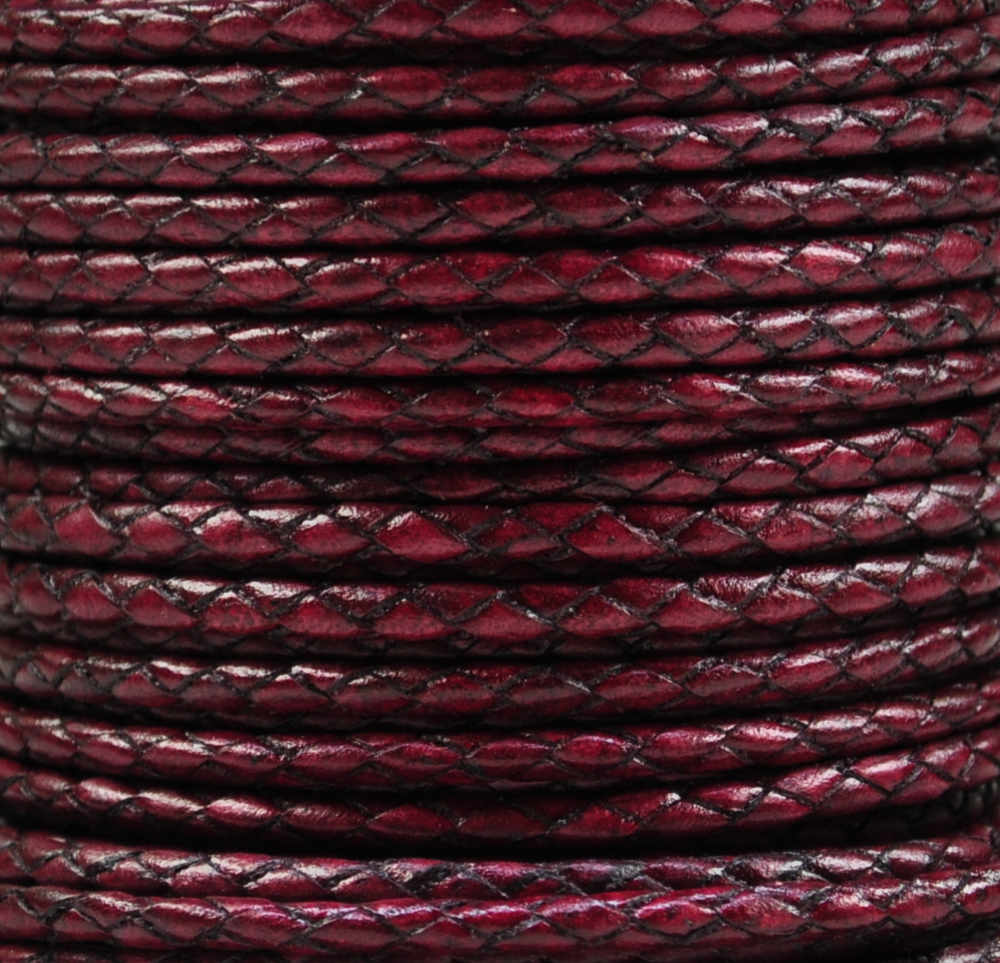 Braided Leather Cord Ø 3 mm Bordeaux Red, per Meter